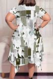 Casual Geometric Print Pocket Irregular Contrast O Neck Irregular Plus Size Dresses
