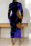 Elegant Floral Print Tie Dye Contrast O Neck Printed Dresses