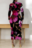 Casual Floral Print Contrast O Neck Printed Dresses