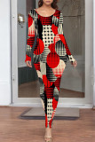 Elegant Geometric Print Flowers Contrast O Neck One Step Skirt Dresses