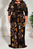 Casual Floral Print Lace Up Contrast O Neck Printed Plus Size Dresses