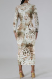 Elegant Floral Print Tie Dye Contrast O Neck Printed Dresses