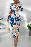 Elegant Floral Print Tie Dye Contrast O Neck Printed Dresses
