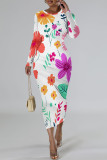 Casual Floral Print Contrast O Neck Printed Dresses