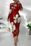 Casual Floral Print Contrast O Neck Printed Dresses