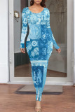 Casual Geometric Print Contrast O Neck One Step Skirt Dresses