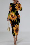 Casual Floral Print Contrast O Neck Printed Dresses