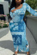 Casual Geometric Print Contrast O Neck One Step Skirt Dresses
