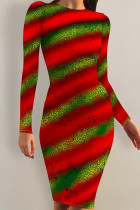 Elegant Floral Print Butterfly Stripe Contrast O Neck Printed Dresses