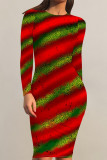 Elegant Floral Print Butterfly Stripe Contrast O Neck Printed Dresses