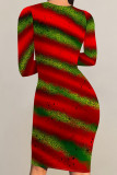 Elegant Floral Print Butterfly Stripe Contrast O Neck Printed Dresses
