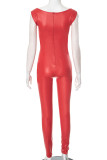 Casual Solid Color Patchwork O Neck Skinny Jumpsuits
