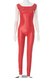 Casual Solid Color Patchwork O Neck Skinny Jumpsuits