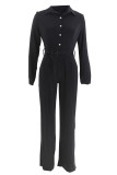 Casual Solid Color Patchwork Strap Design Turndown Collar Regular Jumpsuits