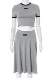 Casual Patchwork O Neck Short Sleeve Two Pieces