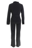 Casual Solid Color Patchwork Strap Design Turndown Collar Regular Jumpsuits