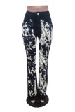 Casual Print Patchwork Mid Waist Regular Denim Jeans