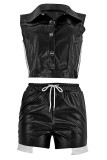Casual Solid Color Pocket Lace Up Buckle Turndown Collar Sleeveless Two Pieces