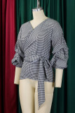 Casual Plaid Patchwork Strap Design Deep V Neck Tops