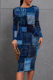Casual Faux Denim Print Contrast O Neck Printed Dresses