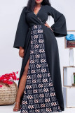 Casual Print Patchwork Slit V Neck Long Plus Size Dresses