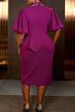 Elegant Solid Color Patchwork Slit Ruffled Trim Turndown Collar Wrapped Skirt Dresses