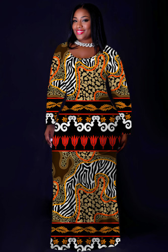 Casual National Totem Print Pocket Contrast O Neck Printed Plus Size Dresses