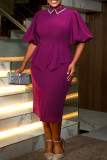 Elegant Solid Color Patchwork Slit Ruffled Trim Turndown Collar Wrapped Skirt Dresses
