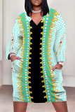 Casual Plaid Floral Print Pocket Contrast V Neck Printed Plus Size Dresses