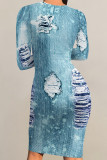 Casual Faux Denim Print Distressed O Neck Printed Dresses