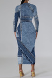 Casual Faux Denim Print Distressed O Neck Printed Dresses
