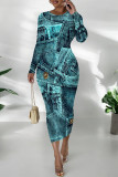 Casual Faux Denim Print Distressed O Neck Printed Dresses