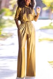 Casual Solid Color Patchwork Half A Turtleneck Regular Jumpsuits