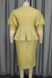 Elegant Solid Color Slit Bow Decor Ruffled Trim O Neck Wrapped Skirt Plus Size Dresses