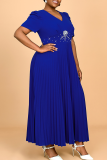 Elegant Solid Color Beading Zipper Pleated V Neck Long Plus Size Dresses