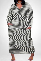 Casual Geometric Print Stripe Pocket Contrast V Neck Printed Plus Size Dresses