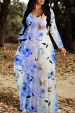 Elegant Floral Print Pocket Contrast V Neck Printed Dresses
