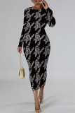 Elegant Geometric Print Contrast O Neck Printed Dresses
