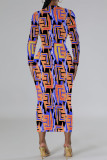 Elegant Geometric Print Contrast O Neck Printed Dresses
