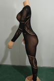 Sexy Solid Color Patchwork See-Through O Neck Skinny Jumpsuits