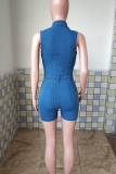 Sexy Solid Color Pocket Buckle Turndown Collar Sleeveless Skinny Denim Jumpsuits