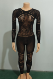 Sexy Solid Color Patchwork See-Through O Neck Skinny Jumpsuits