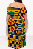 Sexy Geometric Print Flounce Contrast Off Shoulder Long Plus Size Dresses