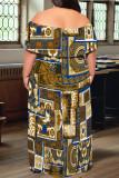 Sexy Geometric Print Flounce Contrast Off Shoulder Long Plus Size Dresses