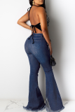 Casual Solid Color Ripped Boot Cut Denim Jeans