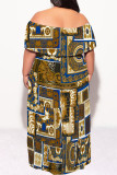 Sexy Geometric Print Flounce Contrast Off Shoulder Long Plus Size Dresses