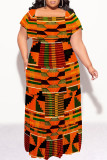 Sexy Geometric Print Flounce Contrast Off Shoulder Long Plus Size Dresses