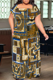 Sexy Geometric Print Flounce Contrast Off Shoulder Long Plus Size Dresses