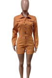 Casual Solid Color Buckle Patchwork Turndown Collar Long Sleeve Regular Denim Jumpsuits