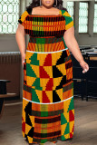 Sexy Geometric Print Flounce Contrast Off Shoulder Long Plus Size Dresses